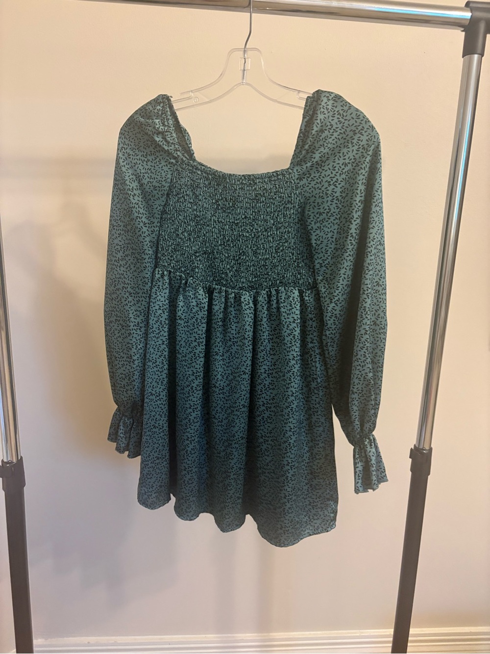 Smocked Long-Sleeve Peasant Dress- Teal Green